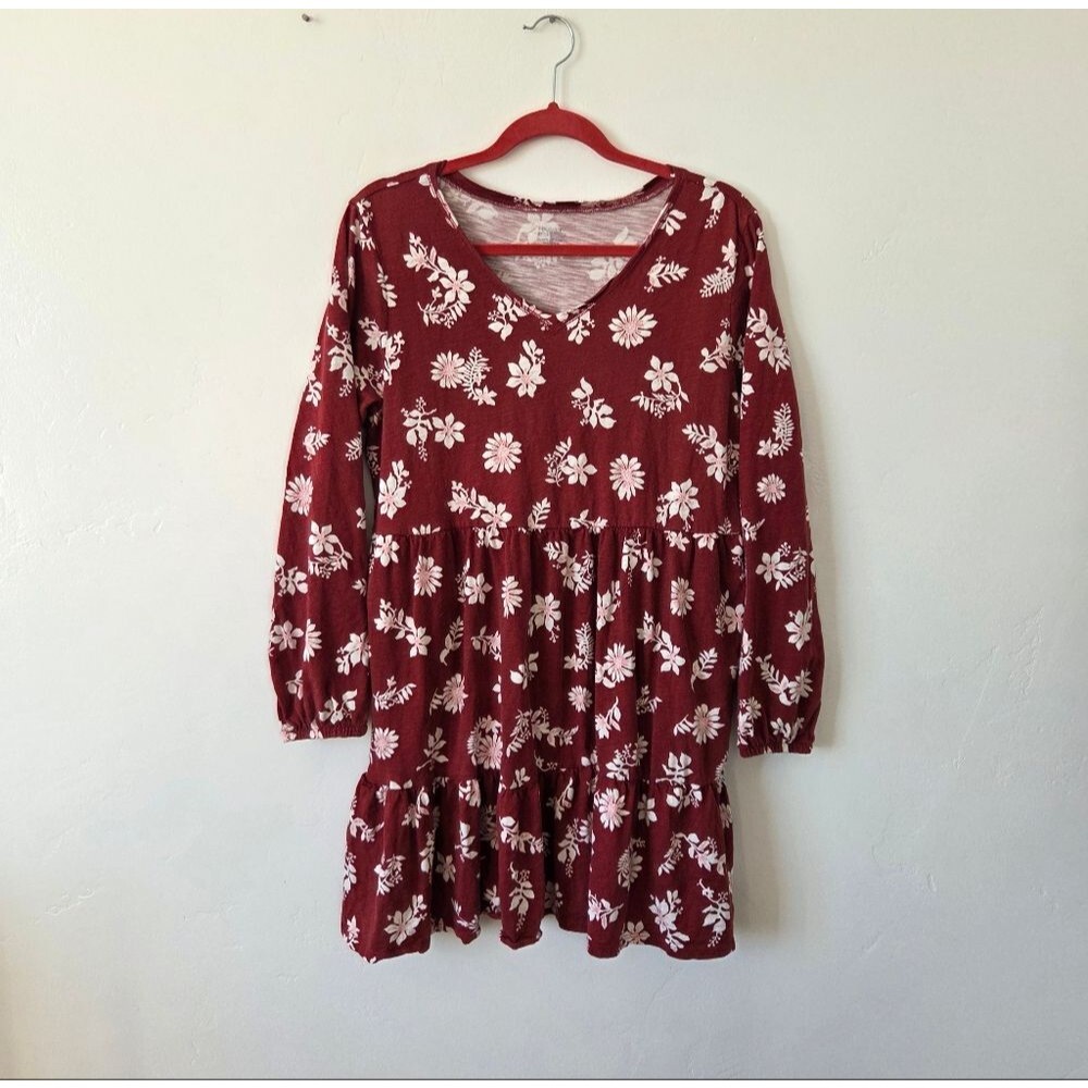 Market & Spruce Cotton Modal Dress Red Floral Long Sleeve Tiered Cottagecore XL